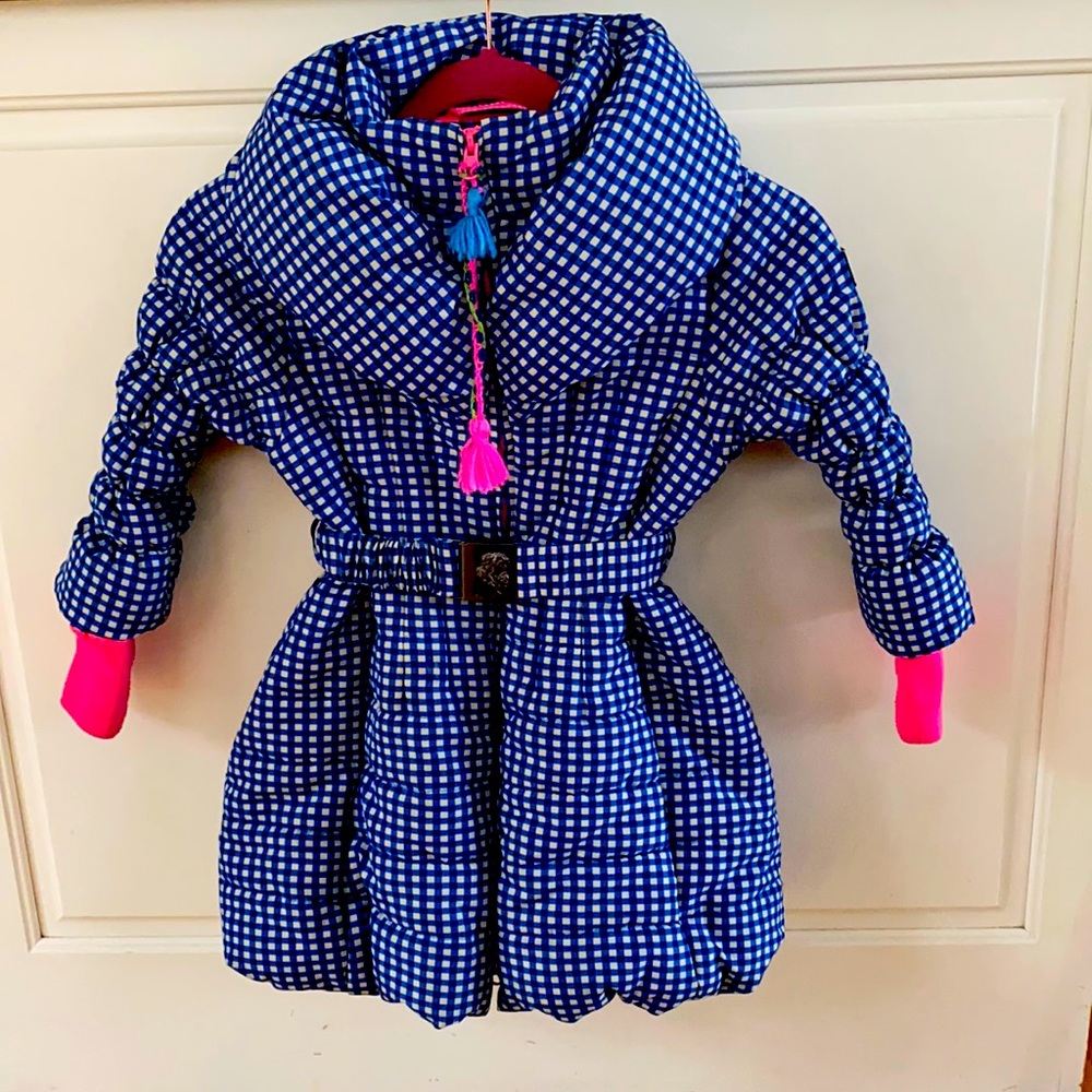 Mim Pi little girls winter puffer coat. Size 5T Blue and pink. EUC